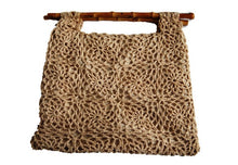 Load image into Gallery viewer, Crochet raffia handbag with bamboo handles, Granny squire vegan bag, Cruelty-free sustainable bag
