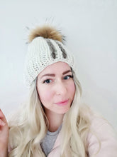 Load image into Gallery viewer, UNIQUE Knitted Hat, Knit Slouchy Beanie, Bobble hat with fur Pompom for women, Ladies Wool Winter Hat
