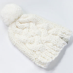 White Handknit Vegan Beanie, Unisex Bobble Hat, Baggy Winter Cap, Slouchy vegan wool knit, White winter hat