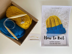 Knitting Kit for Beginner, Blue Knit hat kit, beginner knitting kit, Knitting tool kit for beginners, Chunky yarns kit, Big merino wool kit