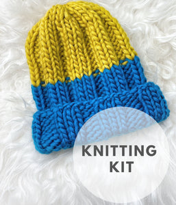 Knitting Kit for Beginner, Blue Knit hat kit, beginner knitting kit, Knitting tool kit for beginners, Chunky yarns kit, Big merino wool kit